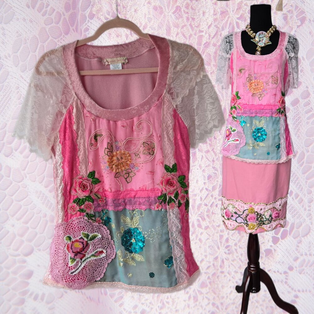 Handmade Pink Embroidered Top Velvety Lace Sparkly Fairycore Art to Wear Medium